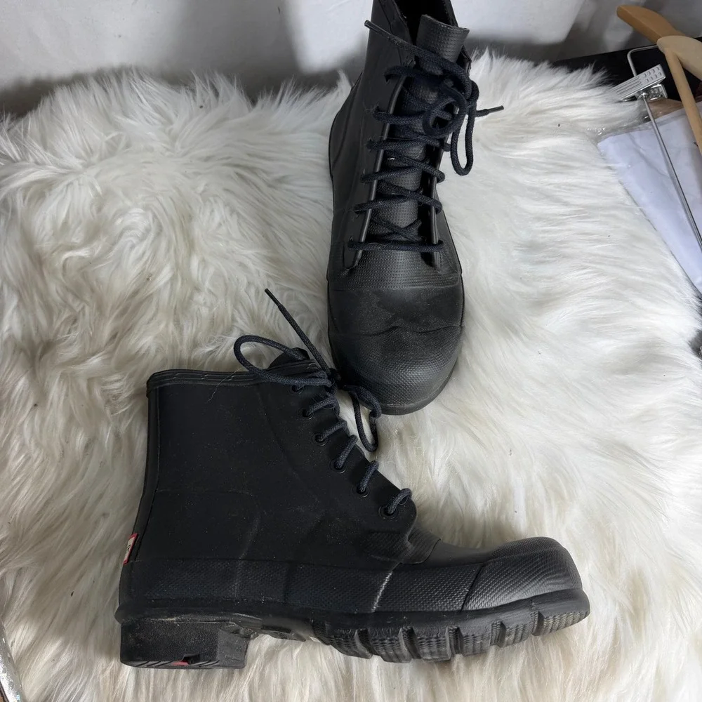 Hunter Original Lace Up Rain Boots Matte Black Waterproof Ankle Boots US 8